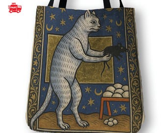 Weird Medieval Cat Woven Tapestry Bag | Funny Quirky Magical Tote Bag | Witchy Vintage Bookish Gift for Host | Autumn Tote Bags