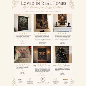 May include: A promotional graphic titled LOVED IN REAL HOMES featuring six customer reviews and photos of various woven wall tapestries and blankets. The images display diverse designs including landscapes, a bookstore, a butterfly, and celestial motifs.