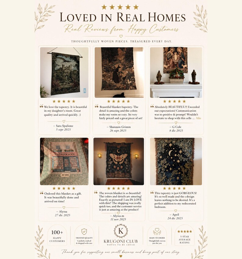 May include: A promotional graphic titled LOVED IN REAL HOMES featuring six customer reviews and photos of various woven wall tapestries and blankets. The images display diverse designs including landscapes, a bookstore, a butterfly, and celestial motifs.