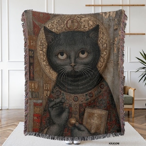 Medieval Cat Woven Tapestry | Funny Gift Cat Lover Throw Blanket | Religious Dark Academia Maximalist Home Decor Gift, Wall Tapestry Hanging