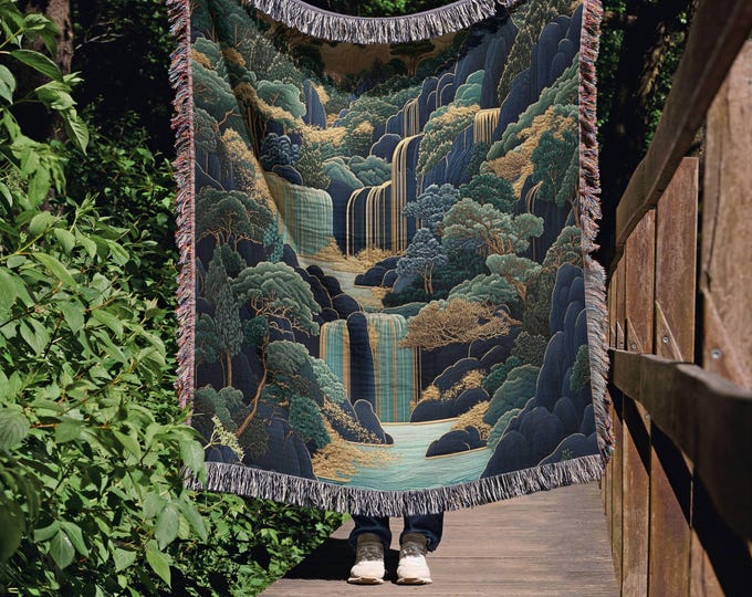 Hokusai Waterfall Woven Blanket, Japanese Ukiyo-e Tapestry Throw, Blue Green Landscape Art, Japandi Home Decor Gift