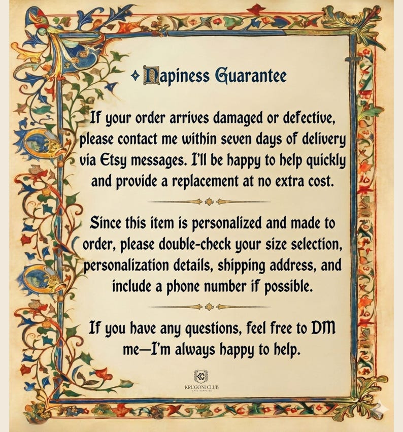 Pode incluir: Um documento retangular com uma borda floral decorativa e colorida em azul, vermelho e verde. O texto diz: Napiness Guarantee. Se o seu pedido chegar danificado ou com defeito, entre em contato comigo dentro de sete dias ap&oacute;s a entrega.
