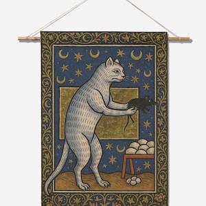 Weird Medieval Cat Woven Tapestry | Funny Quirky Magical Throw Blanket | Witchy Vintage Bookish Home Decor Gift | Wall Tapestry Hanging