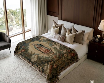 Our Lady of Guadalupe Woven Blanket, Virgen de Guadalupe Throw, Catholic Mexican Gift, Virgin Mary  Religious Home Decor