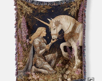 Unicorn Knight Tapestry Blanket, Enchanted Forest Wall Art, Dark Academia Fantasy Throw, Whimsigoth Woven Decor, Medieval Housewarming Gifts