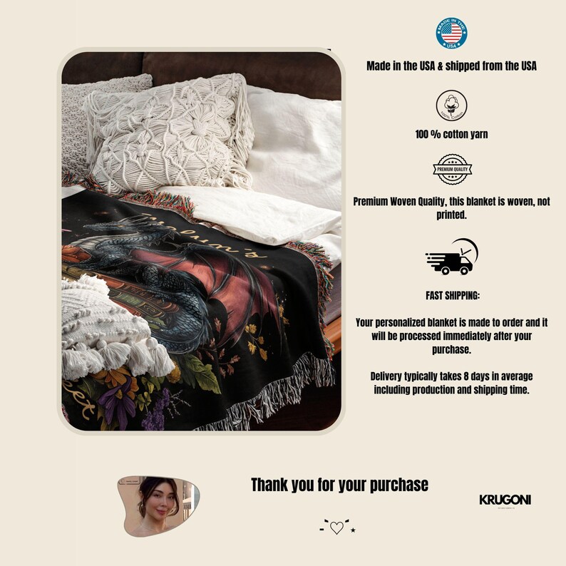 May include: A woven throw blanket featuring a dark, detailed illustration of a dragon resting on books amidst colorful flowers. The blanket has a black background with red, purple, and yellow floral accents. It is displayed on a bed with pillows.