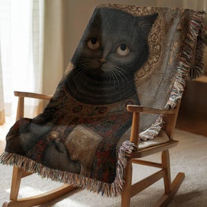 Weird Medieval Cat Woven Tapestry | Funny Quirky Magical Throw Blanket | Witchy Vintage Bookish Home Decor Gift | Wall Tapestry Hanging