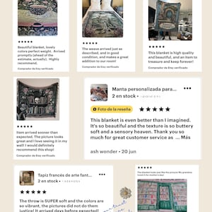 May include: A collage of customer reviews for various Etsy products. The reviews feature images of blankets and throws with floral, landscape, and bookshop designs. Text includes customer feedback and star ratings.