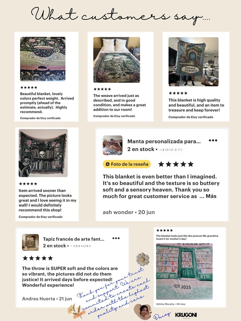 May include: A collage of customer reviews for various Etsy products. The reviews feature images of blankets and throws with floral, landscape, and bookshop designs. Text includes customer feedback and star ratings.