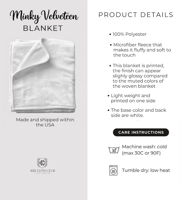 May include: A white Minky Velveteen blanket, folded neatly. The blanket is made of 100% polyester microfiber fleece, printed on one side. The care instructions indicate machine wash cold and tumble dry low heat.