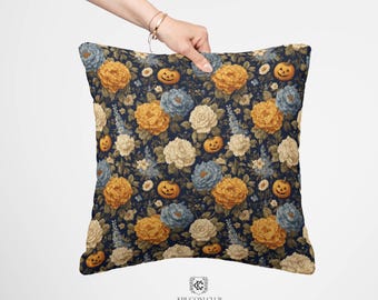 Fall Host Gift, Halloween Pillow Cover, Woven Florals, Pumpkin Motif, Autumn Cushion, Housewarming Accent, Elegant Sofa, Heirloom Home Decor