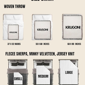 May include: Size chart showing woven throws and blankets on beds. The woven throws are labeled with the brand name "KRUGONI" and sizes 37 x 52 inches, 50 x 60 inches, and 60 x 80 inches. The blankets are labeled "SMALL", "MEDIUM", and "LARGE".