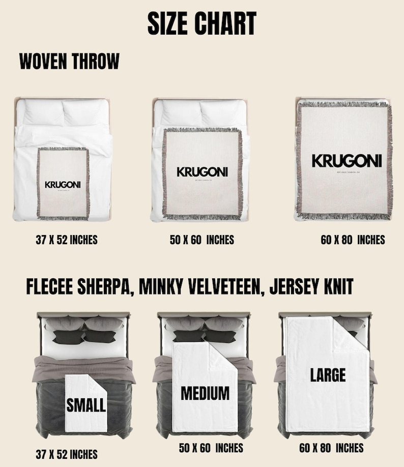 May include: Size chart showing woven throws and blankets on beds. The woven throws are labeled with the brand name "KRUGONI" and sizes 37 x 52 inches, 50 x 60 inches, and 60 x 80 inches. The blankets are labeled "SMALL", "MEDIUM", and "LARGE".