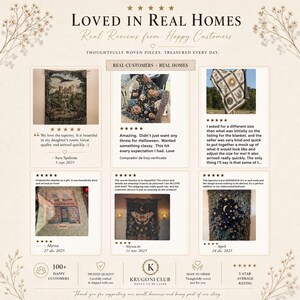 May include: A promotional graphic titled Loved in Real Homes featuring six customer reviews with photos of woven tapestries and blankets. The designs include a castle, pumpkins, celestial patterns, a bookstore, a moth, and stars on a cream background.