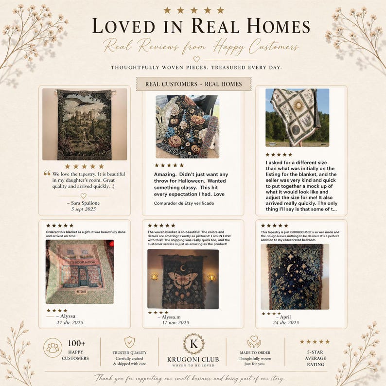 May include: A promotional graphic titled Loved in Real Homes featuring six customer reviews with photos of woven tapestries and blankets. The designs include a castle, pumpkins, celestial patterns, a bookstore, a moth, and stars on a cream background.