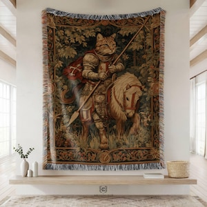 Medieval Cat Knight Tapestry, Renaissance Fair Knight Cat Rider, Funny Medieval Decor, Ren Faire, Funny Meme Blanket, Medieval Fantasy Gift