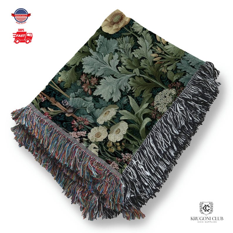 William Morris Style Tropical Green Woven Blanket – Made in the USA