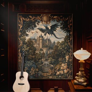 May include: An acoustic guitar stands before a large tapestry depicting a castle scene with a dragon. The tapestry features a detailed landscape with trees, a fountain, and a blue sky. A decorative lamp sits to the right, adding to the room's ambiance.