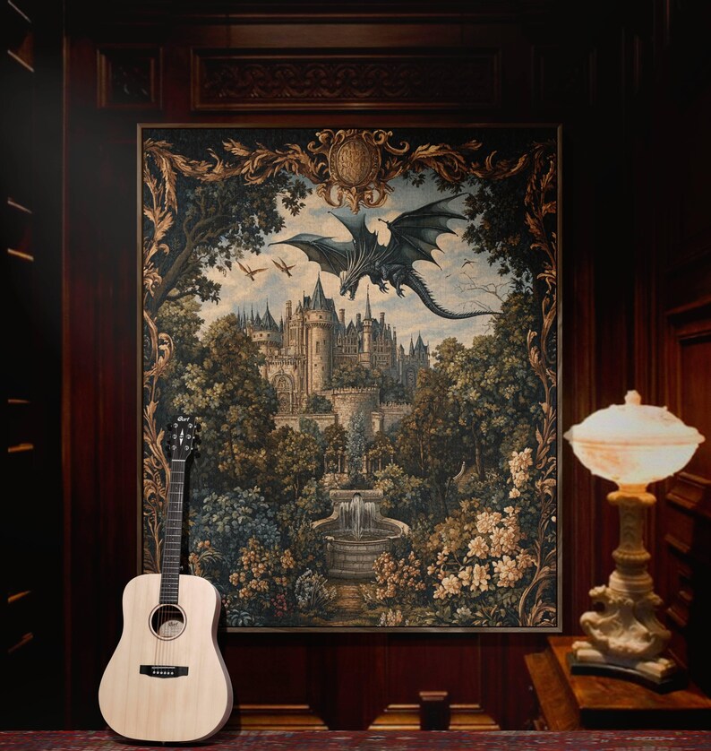 May include: An acoustic guitar stands before a large tapestry depicting a castle scene with a dragon. The tapestry features a detailed landscape with trees, a fountain, and a blue sky. A decorative lamp sits to the right, adding to the room's ambiance.