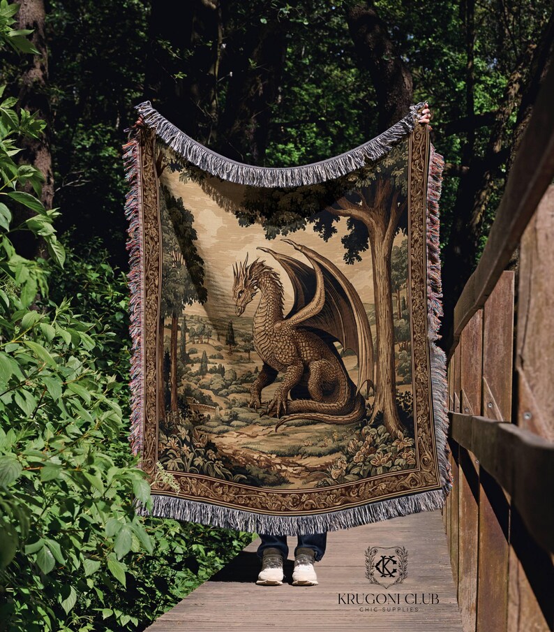 Medieval dragon woven tapestry wall hanging featuring a golden dragon in a lush gothic forest, perfect for castlecore home decor and dark academia fantasy enthusiasts.