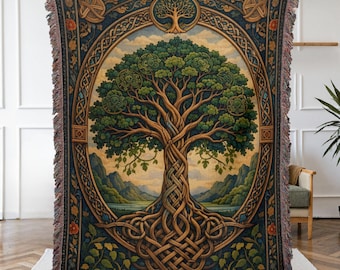 Celtic Tree of Life Woven Blanket – Irish Throw Blanket, Large Sofa Throw, Boho Celtic Home Decor, Ren Faire Gift