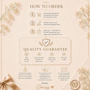 May include: An informational graphic on a cream-colored background with beige floral accents. It outlines a three-step ordering process, a quality guarantee section with four checkmark icons, and notes regarding holiday deadlines and customer support.