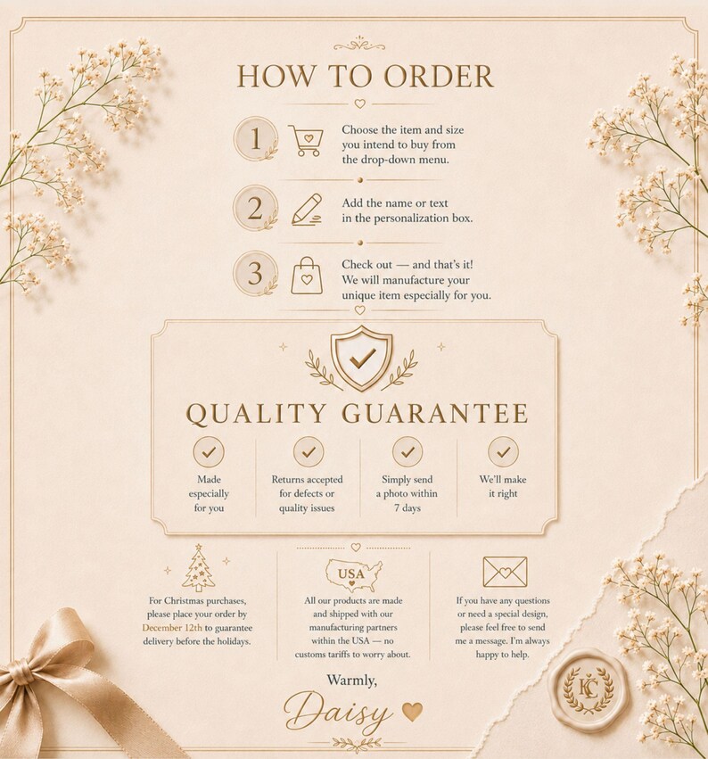 May include: An informational graphic on a cream-colored background with beige floral accents. It outlines a three-step ordering process, a quality guarantee section with four checkmark icons, and notes regarding holiday deadlines and customer support.