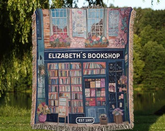Personalized Bookshop Woven Throw, Custom Name Book Lover Blanket, Library Decor, Book Club Christmas Gift for Reader