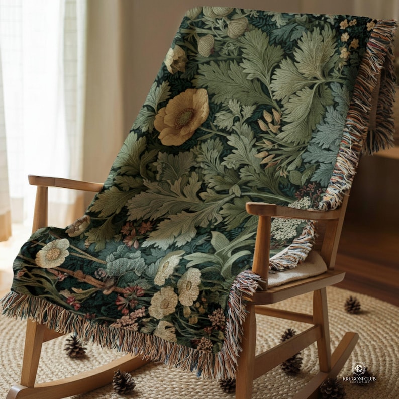 William Morris Style Tropical Green Woven Blanket – Botanical Tapestry Wall Art, Plant Lover Decor, Moss Fabric Throw, Greenery Home Accent