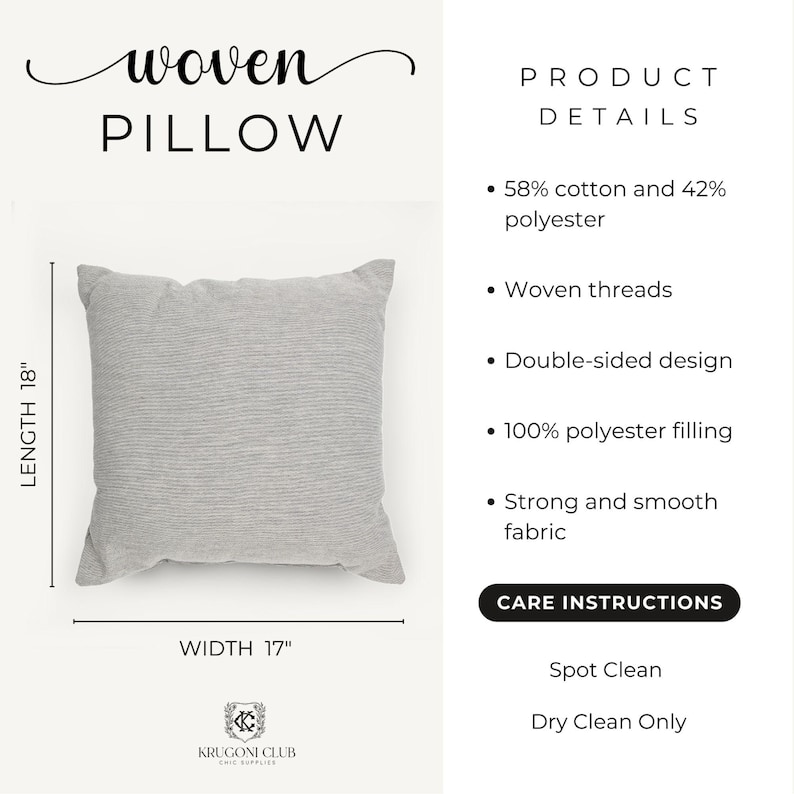 May include: A gray woven pillow with a striped pattern. The pillow is 18 inches long and 17 inches wide. The text "woven PILLOW" is at the top of the image.