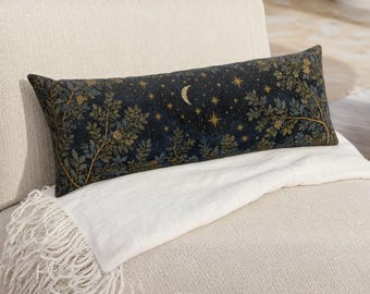 Celestial Moon & Stars Body Pillow, Botanical Bolster, Blue Gold Bed Pillow, Astrology Decor, Pregnancy Cushion, Cottagecore Gift for Her