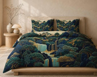 Hokusai Waterfall Duvet Set, 100% Cotton Japanese Landscape Bedding, Blue Green Japandi Bedroom Decor, Ukiyo-e Art Pillow Shams