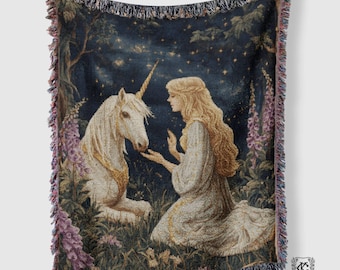 Unicorn Maiden Tapestry Blanket, Enchanted Forest Wall Art, Dark Academia Fantasy Throw, Whimsigoth Woven Decor, Medieval Housewarming Gifts