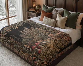 Gothic Castle Woven Blanket Whimsigoth Cotton Throw - Dark Cottagecore Bedding Gift for Fantasy Book Lovers Decor Items