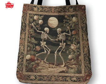 Woven Skeleton Tapestry Tote Bag: Dark Academia Whimsigoth Art