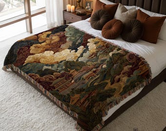 Japanese Landscape Woven Blanket, Asian Hillside Tapestry, Zen Nature Wall Hanging, Brown Home Decor
