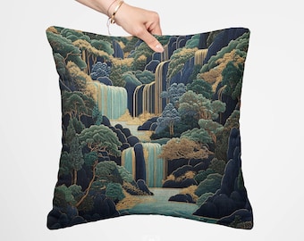 Hokusai Ukiyo-e Waterfall Tapestry Pillow I Print Blue Green Japanese Home Decor