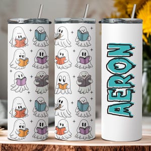 Cute Ghost Reading Tumbler, Halloween Bookish 20oz Tumbler, Funny Kids Halloween Cup, Spooky Book Lover Travel Tumbler, Teacher Book Gift