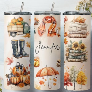 Personalized Fall Skinny Tumbler With Straw, Custom Fall Tumbler Gift for Women, Pumpkin Travel Mug, Autumn Travel Cup For Thanksgiving