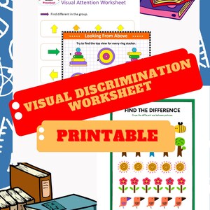 May include: Printable worksheet for visual discrimination and attention skills. The worksheet features three activities: finding the different image in a group, identifying the top view of a ring stacker, and finding the difference between two pictures.
