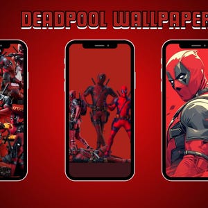 Może przedstawiać: Trzy różne tapety na telefon z superbohaterem Deadpoolem. Pierwsza tapeta przedstawia kolaż postaci Deadpoola. Druga tapeta przedstawia Deadpoola stojącego z dwoma innymi postaciami. Trzecia tapeta przedstawia zbliżenie twarzy Deadpoola.