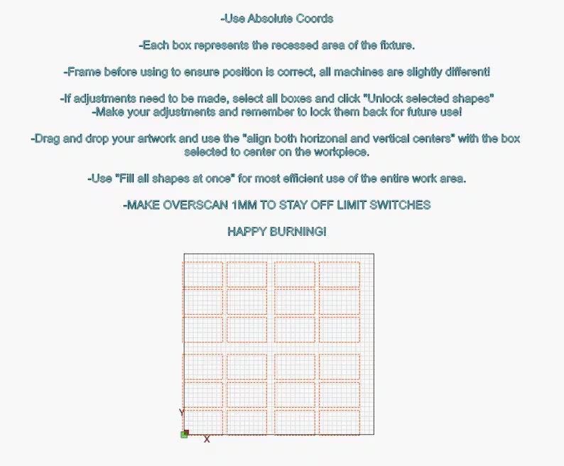 May include: A diagram with a grid of squares, each representing a recessed area of a fixture. The text "Use Absolute Coords" is at the top of the diagram. The text "MAKE OVERSCAN 1MM TO STAY OFF LIMIT SWITCHES" is below the grid. The text "HAPPY BURNINGI" is below the previous text.