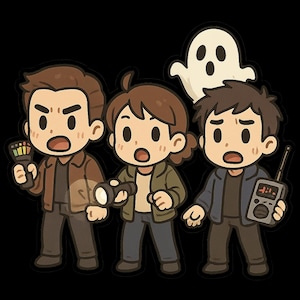 May include: A cartoon illustration of three people and a ghost, all with surprised expressions. The characters are dressed in jackets and holding ghost-hunting equipment like a flashlight and a radio. A beige ghost floats above them against a black background.