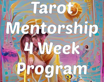 Op de afbeelding: Een kleurrijk, abstract beeld met de tekst "Tarot Mentorship 4 Week Program" in witte letters. De afbeelding toont een stel dat elkaar omhelst, waarbij de vrouw een gele jurk draagt en de man een bruin shirt.