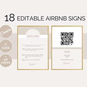 May include: A set of 18 editable Airbnb signs in three sizes with QR codes. The signs are beige with a gold border and feature text such as "Welcome", "WIFI", and "Thank you!"