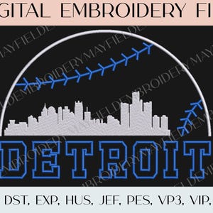 Detroit Baseball Skyline - Embroidery Digital File ONLY (3 Sizes 10x7, 6.9x4.9, 3.9x2.8)