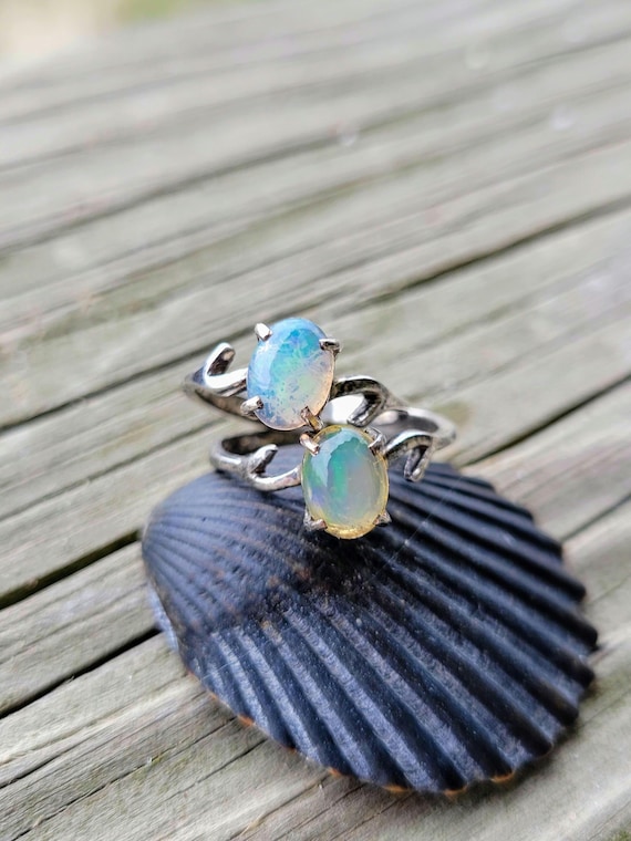 Natural Opal With Play of Fire Adjustable Rings 925 Silver Mineral