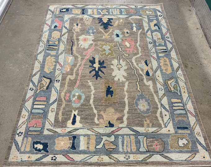 6x9 Taupe Gray oushak Rug - Sickle Leaf Persian Style Hand knotted Veg dye wool Rug - Rugs for living room - Bedroom Rug - tribal rugs