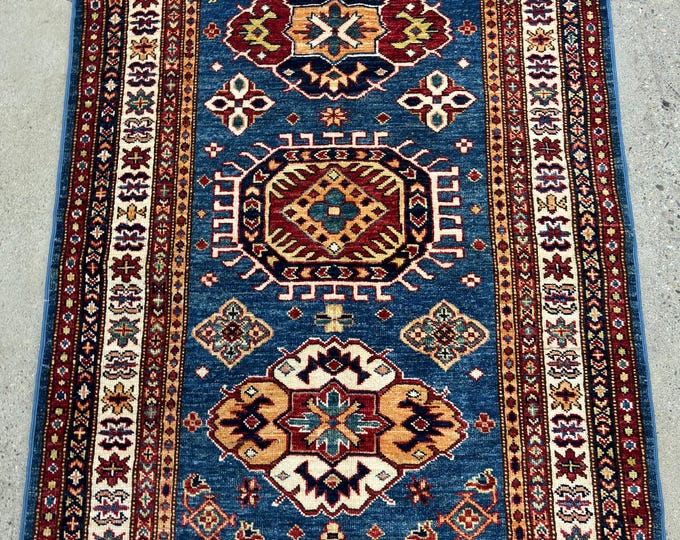 3'5x5'3 light blue rug afghan hand knotted oriental rug - natural veg dyes wool rug - doormat rug - bathroom rug - entryway rug  vintage rug