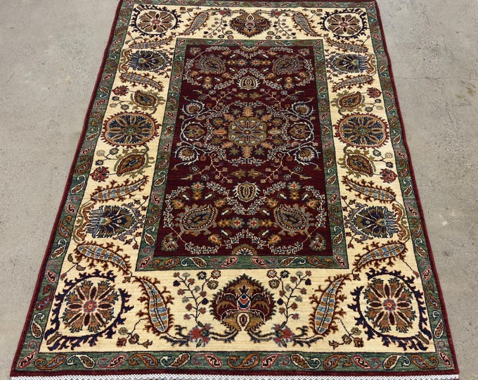 5x7 tribal Suzani red olive green rug - Persian style afghan hand knotted oriental rug - natural veg dye wool rug - kitchen, living room rug